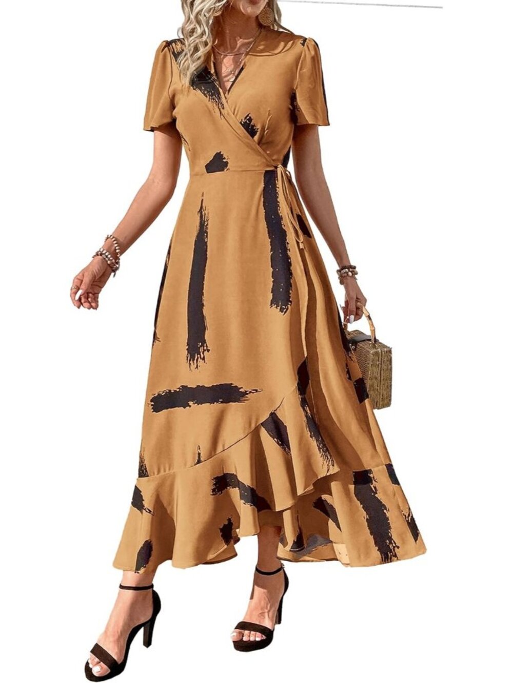 Women's Yellow Black Ink V Neck Casual Short Sleeve Pull On Zipper Maxi Dresses